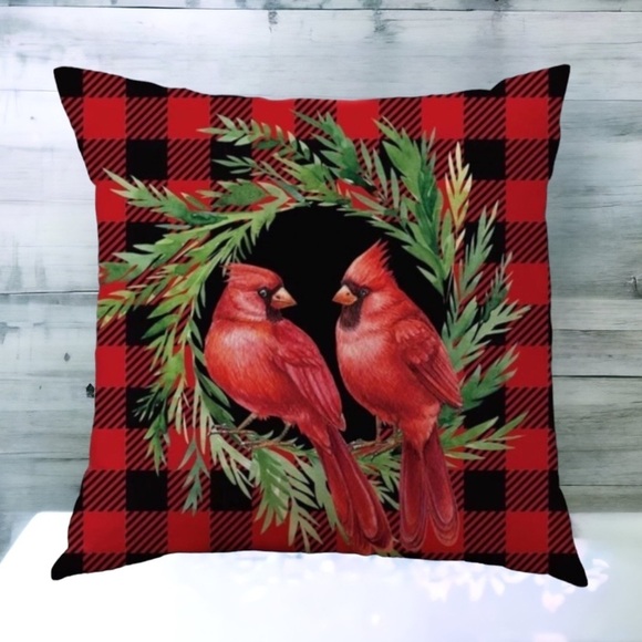 Pillow Cover Bird Cardinal Christmas Holiday Buffalo Check Plaid Square 17.5 in - Picture 2 of 16
